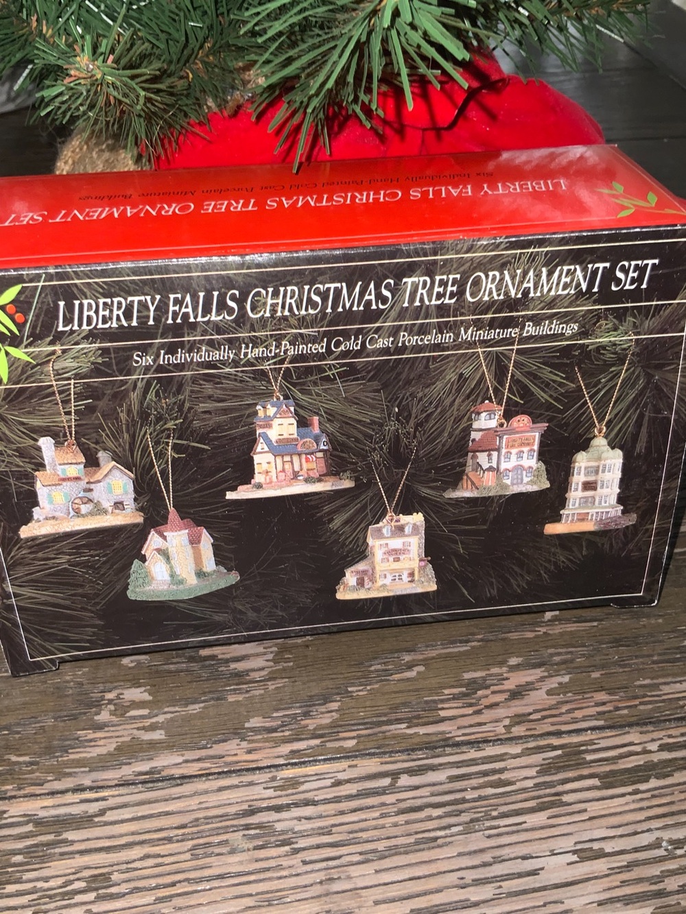 liberty falls vintage porcelain village ornament set - red black white accents